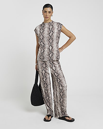 White snake print wide leg trousers