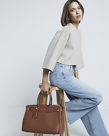 Brown Faux Leather Stud Tote Bag