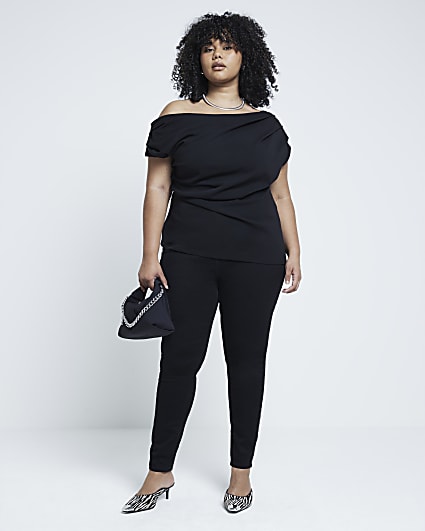 Plus Black short sleeve draped top