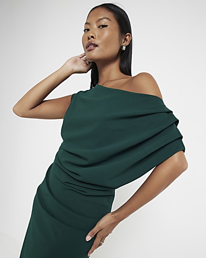 Petite Green Asymmetric Drape Wrap Midi Dress