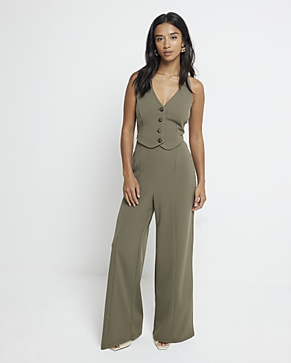 Petite khaki waistcoat wide leg jumpsuit