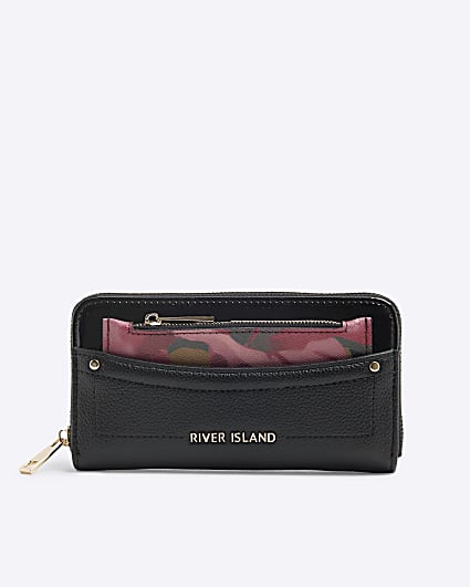 Black Floral Zip Around Purse