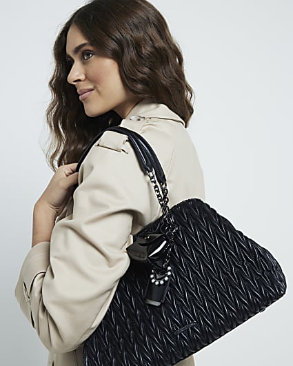 Black Scrunch Quilted Charm Tote Bag