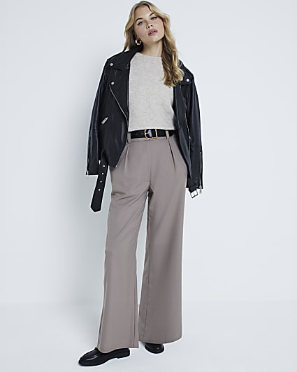 Beige Belted Wide Leg Trousers