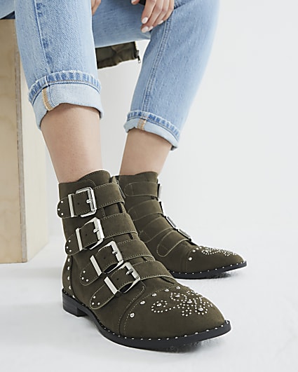 Khaki Suedette Stud Buckle Boots