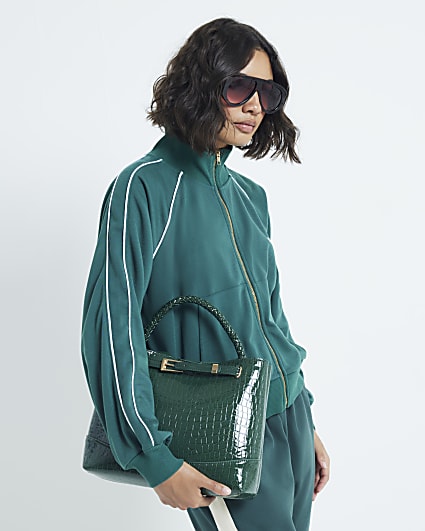 Green Croc Print Embossed Buckle Tote Bag