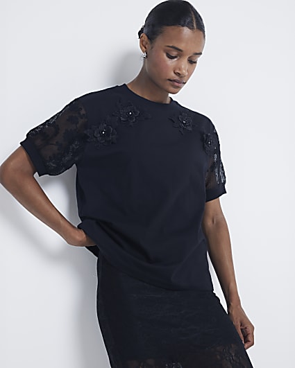 Black floral lace sleeve t-shirt