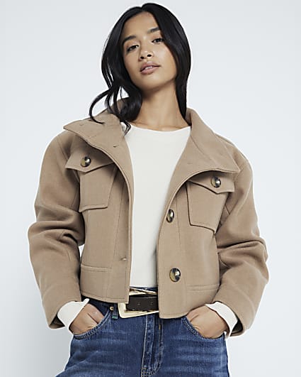 Petite Brown Funnel Neck Cropped Jacket