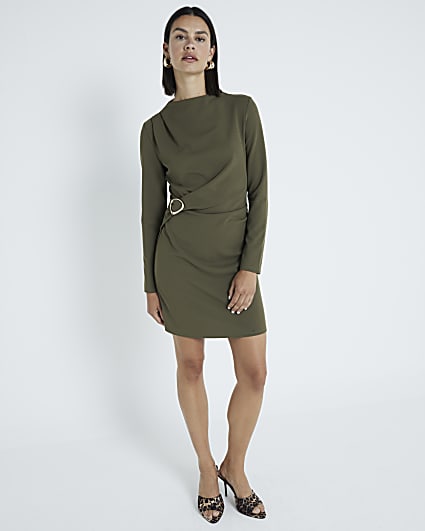 Khaki drape buckle shift dress