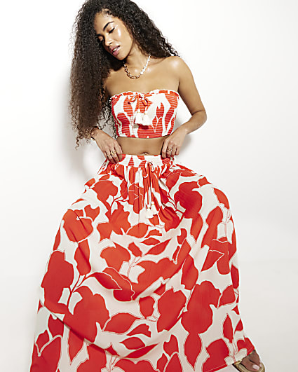 Red Shirred Floral Bandeau Top