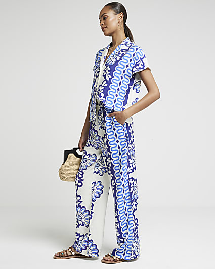 Blue floral geometric wide leg trousers