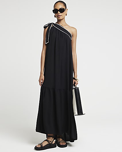 Black one shoulder contrast swing maxi dress