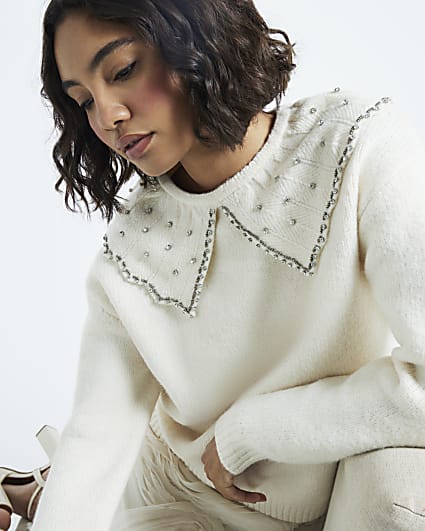 Cream Embellished Collar Jumper