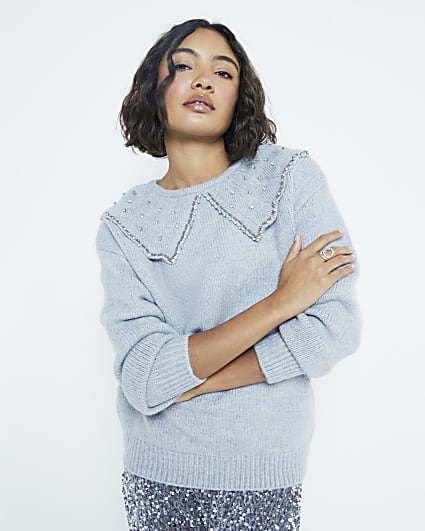 Grey Embellished Collar Jumper