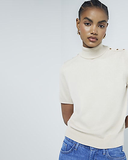 Beige Roll Neck Button Shoulder Knit Top