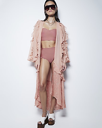 Pink Chiffon Long Sleeve Ruffle Kaftan