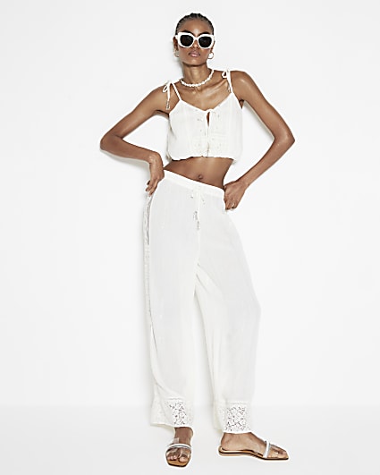 Cream Lace Embroidered Trousers