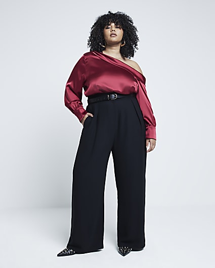 Plus Red Satin Off Shoulder Blouse