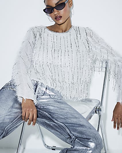 Silver Premium Beaded Fringe Top