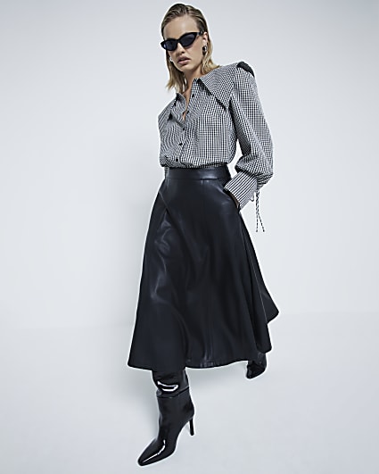 Black leather flare skirt best sale