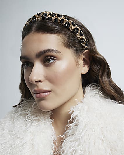 Brown beaded leopard headband