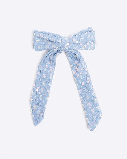 Blue Denim Sequin Bow Hair Clip