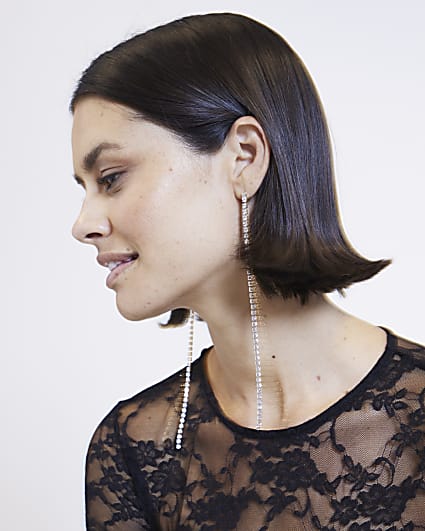 Silver Diamante Chain Drop Earrings