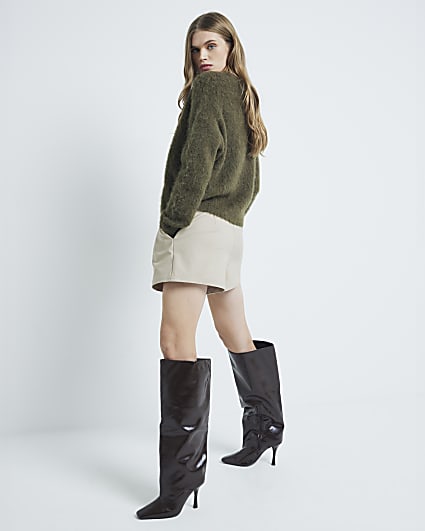 Brown Square Toe High Leg Boots