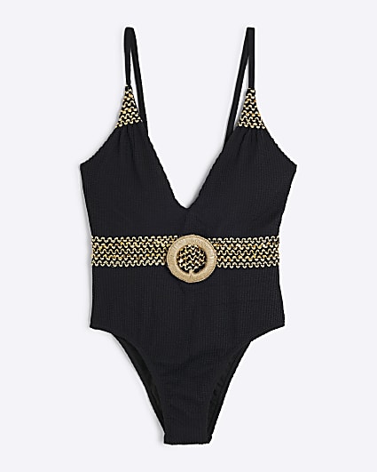 Petite Black Textured Plunge Neck Swimsuit