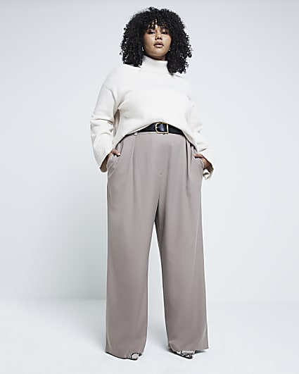 Plus Beige Belted Wide Leg Trousers