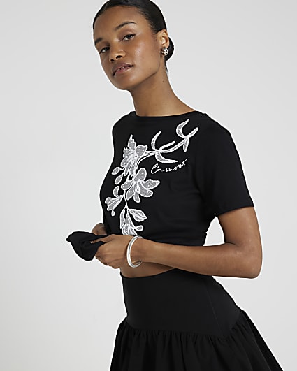 Black embellished floral t-shirt