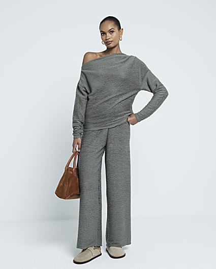 Khaki Textured Wide Leg Trouser