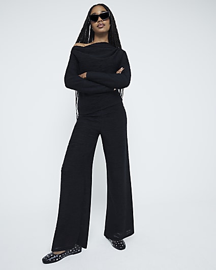 Black Textured Wide Leg Trousers