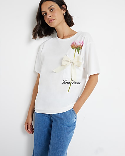 White Floral Bow T-Shirt