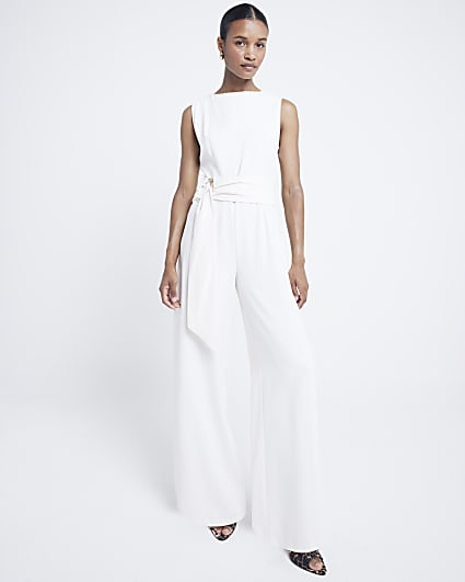 Cream belted jumpsuit