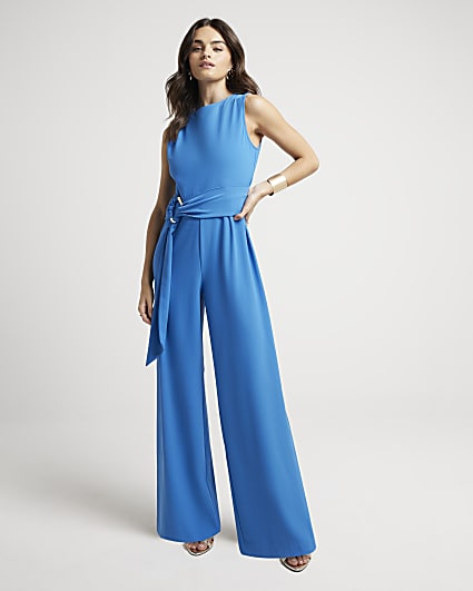 Blue sleeveless belted wide leg jumpsuit