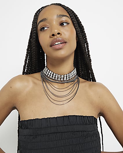 Black Metal Crystal Layered Collar Necklace