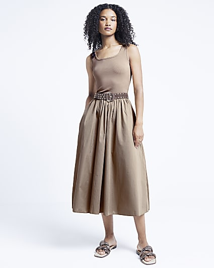 Brown hybrid skater midi dress