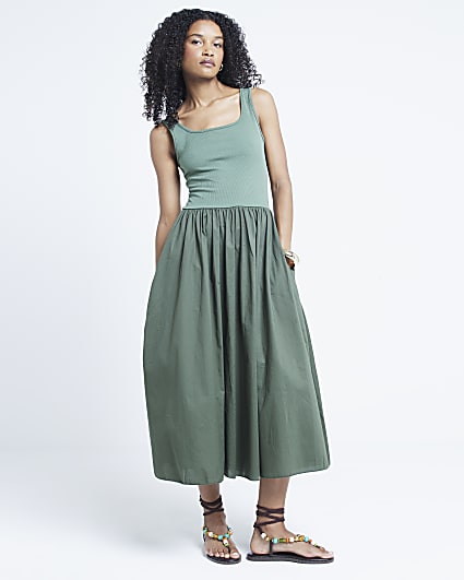 Khaki hybrid skater midi dress