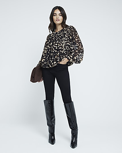 Black Leopard Print Bubble Hem Blouse