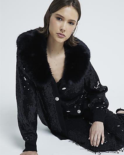 Black Faux Fur Collar Sequin Cardigan