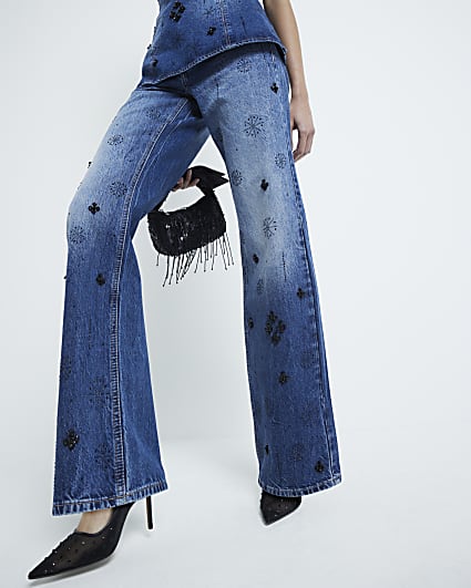 Blue Denim Relaxed Straight Embellished Jeans