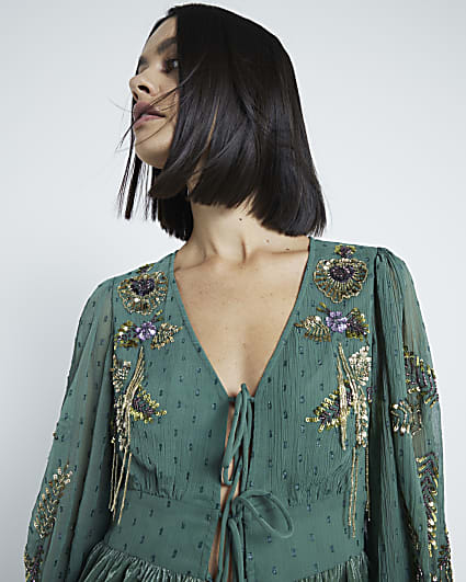 Green Velvet Tie Front Embroidery Top