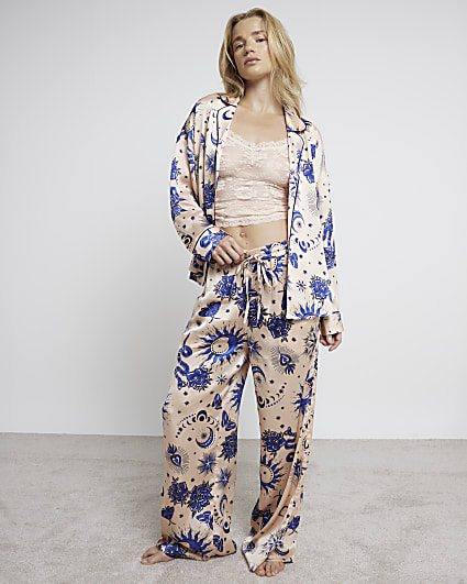 Pink Astrology Printed Satin Pyjama Set