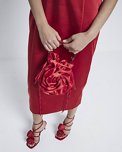 Red Satin Flower Corsage Clutch Bag