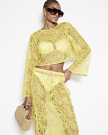 Yellow Long Sleeve Lace Beach Top