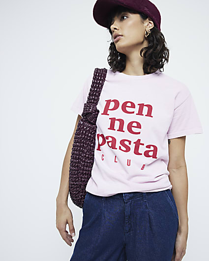 Pink pasta slogan graphic t-shirt