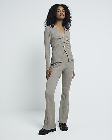 Brown Textured Flared Trousers