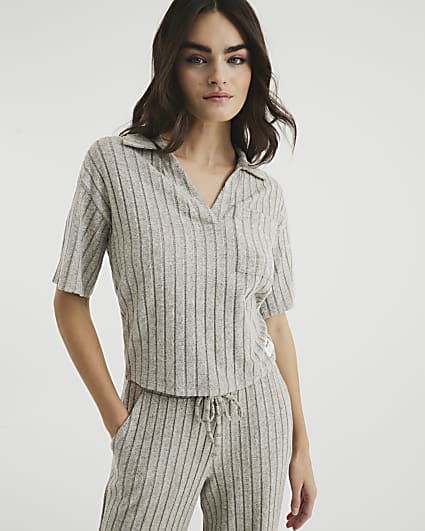 Brown Marl Ribbed Button Loungewear Top