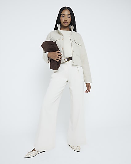 Cream Belted Wide Leg Trousers